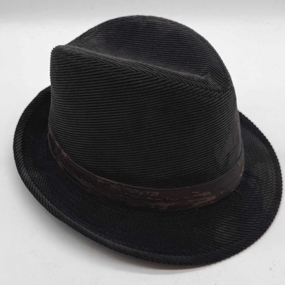 Scala Black Corduroy Fedora Trilby Hat Faux Leather Band Distressed Medium